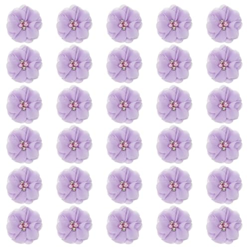 PATIKIL 2 Zoll Chiffon Blumen, 30 Stück Strass Perle Nähen Stoffblumen Künstliche Applikationen Verzierungen für Kleidung Hochzeit DIY Handwerk Stirnbänder Dekor, Lila von PATIKIL