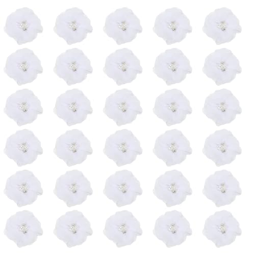 PATIKIL 2 Zoll Chiffon Blumen, 30 Stück Strass Perlen Nähen Stoffblumen Künstliche Applikationen Verzierungen für Kleidung Hochzeit DIY Handwerk Stirnbänder Dekor, Weiß von PATIKIL