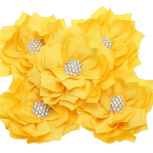 PATIKIL 3,5" Chiffon Blumen, 5 Stück Stoffblumen Strass Perlen Nähen Stoff Applikationen für Basteln Nähen Kleider DIY Kleidung Haarbänder Hochzeit Party Dekoration, Gelb von PATIKIL