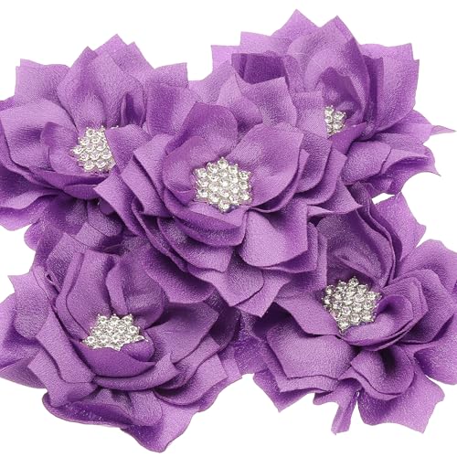 PATIKIL 3,5" Chiffon Blumen, 5 Stück Stoffblumen Strass Perlen Nähen Stoff Applikationen für Basteln Nähen Kleider DIY Kleidung Haarbänder Hochzeit Party Dekoration, Lila von PATIKIL