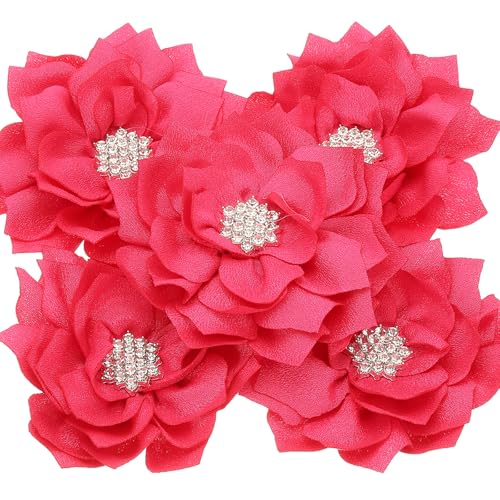 PATIKIL 3,5" Chiffon Blumen, 5 Stück Stoffblumen Strass Perlen Nähen Stoff Applikationen für Basteln Nähen Kleider DIY Kleidung Haarbänder Hochzeit Party Dekoration, Rosarot von PATIKIL
