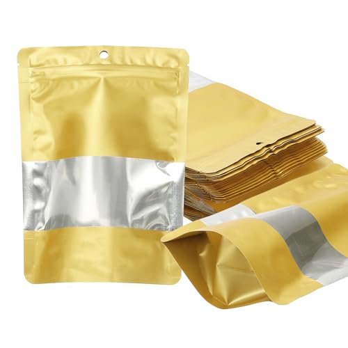 PATIKIL 3.54x5.12 Zoll Stand Up Beutel, 60er Pack Wiederverschließbare Matte Metallic Aluminiumfolie Beutel mit Klarsichtfenster und Reißverschluss für Lebensmittel Verpackung, Gold Ton von PATIKIL