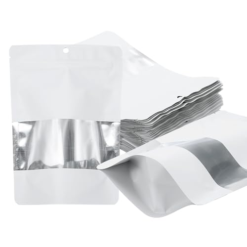 PATIKIL 3.54x5.12 Zoll Stand Up Pouch Beutel, 60er Pack Wiederverschließbare Matte Metallic Aluminiumfolie Beutel Taschen mit Klarem Fenster und Zip für Lebensmittel Verpackung, Weiß von PATIKIL