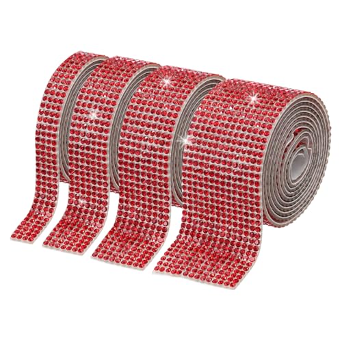 PATIKIL 4 Rollen Strassband, 0,35"/0,59"/1,06"/1,18" Selbstklebende Kristall Strassstreifen, 4 Yard Harz Bling Diamant Aufkleber für DIY Basteln, Rot von PATIKIL