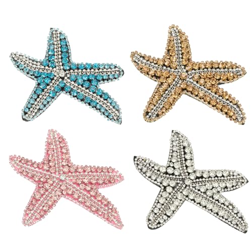 PATIKIL 4 Stk. Seestern Strass Perlen Aufnäher, Seestern Pailletten Applikationen zum Aufnähen auf Stoff Pailletten Aufnäher für Kleidung Jeans Hüte Jacke DIY, Blau/Gelb/Rosa/Schwarz von PATIKIL