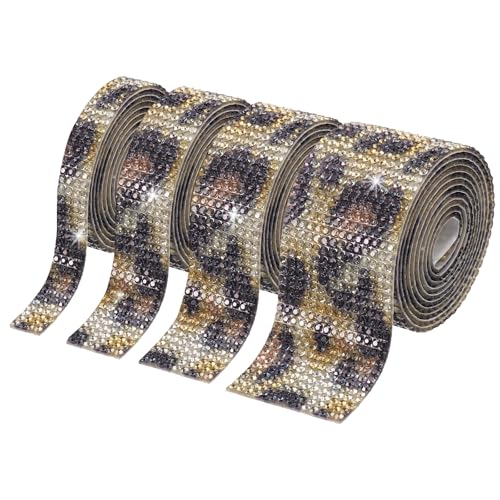 PATIKIL 4Roll Strassband, 0,35"/0,59"/1,06"/1,18" Selbstklebende Kristall Strassstreifen, 4 Yard Harz Bling Diamant Aufkleber für DIY Basteln, Braun/Leopard von PATIKIL