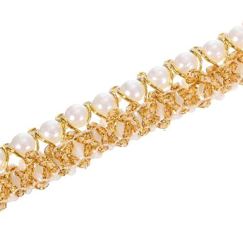 PATIKIL 5 Yard geflochtenes Perlen-Spitzenband 5 Stück 6 mm Außendurchmesser Perlen-Spitzenbesatz Kunstperlen-Stickerei Spitzenband mit goldenen Fransenbesatz für Hochzeit Weiß von PATIKIL