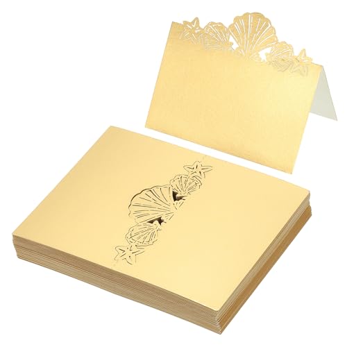 PATIKIL 50 Stück Hochzeit Tischkarten, Laser Cut Beach Theme Tischplatzkarte Namenskarten für Tischdekoration Hochzeitsfeier Geburtstag Kommunion Taufe Feier, Reflektierendes Gold von PATIKIL