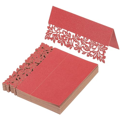 PATIKIL 50 Stück Hochzeit Tischkarten, Laser Cut Blätter Tischplatzkarte Namenskarten für Tischdekoration Hochzeitsfeier Geburtstag Kommunion Taufe Feier, Perlenrot von PATIKIL