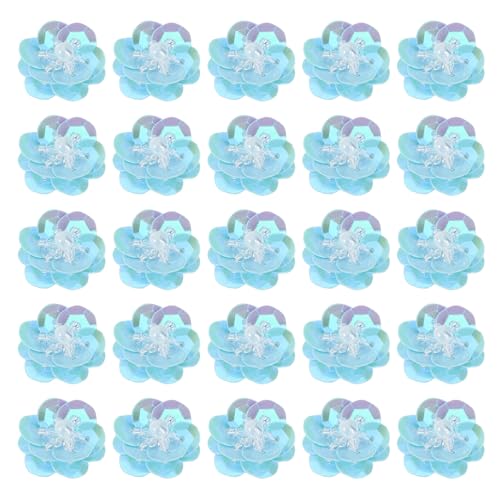 PATIKIL 50 Stück Pailletten Blumen Aufnäher, 0,8"/2cm Blumen Applikation mit Kristall Perlen zum Aufnähen auf Stoff Patch für Kleidung Schuhe Taschen Accessoirek, Himmelblau von PATIKIL