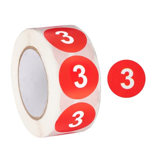 PATIKIL 500 Stück Runde Blatt Zahlen Aufkleber, 2.5 cm Selbstklebend Heimlagerung Etikett für Sortierung, Organisation zu Hause und im Büro(Rot, Nummer 3） von PATIKIL