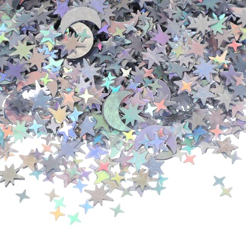 PATIKIL 60g Sternenkonfetti, 0,4 Zoll Glitzerstern-Mond-Tischkonfetti Funkelnde Metallfoliensterne Paillettenstreusel für Party DIY, Silber von PATIKIL