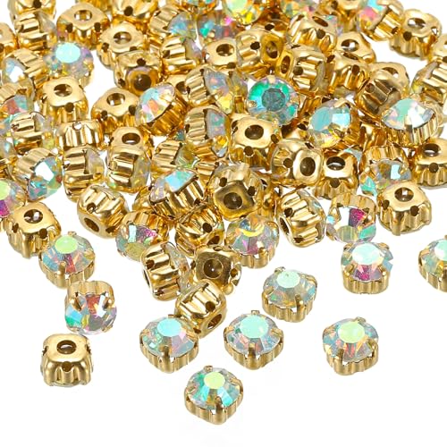 PATIKIL 7mm Kralle Aufnäh-Strasssteine, 100 Stück Glas Metall Flachboden Basis Blumenkralle Edelsteine Handwerk Nähen für Schuhe Kleid Kleidung Nähgürtel Nähzubehör, Weiß AB von PATIKIL