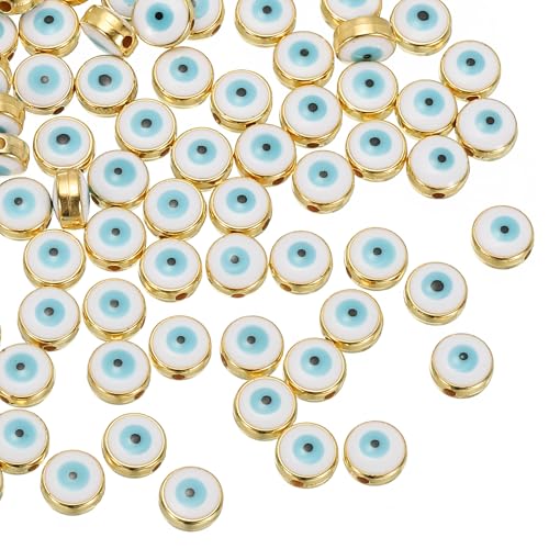 PATIKIL 8mm Böse Augen Perlen, 60 Stück Flache Runde Türkische Böse Augen Charme mit Goldenem Rand Spacer Perlen Augapfel Perle für Armband DIY Halskette Ohrringe Herstellung, Weiß von PATIKIL