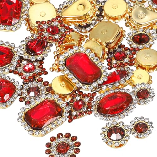 PATIKIL Aufnähbare Strasssteine, 50 Stück gemischte Formen Glassteine Metallbasis Blumenkrallen-Strasssteine für Bastelarbeiten Schuhe, Rot (0,9-1,9 cm) von PATIKIL