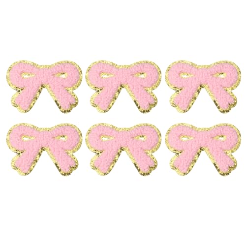 PATIKIL Bow Patches, 6 Stk. Chenille Bügel-Patch Bogen bestickt Aufnäher zum Aufbügeln Goldkanten für DIY Hut Jacke Kleidung Taschen DIY Dekoration, Pink, 2,8" x 2" von PATIKIL