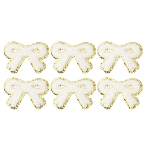 PATIKIL Bow Patches, 6 Stk. Chenille Bügel-Patch Bogen bestickter Patch Aufnäher Goldkanten für DIY Hut Jacke Kleidung Taschen DIY Dekoration, Weiß, 2,8" x 2" von PATIKIL