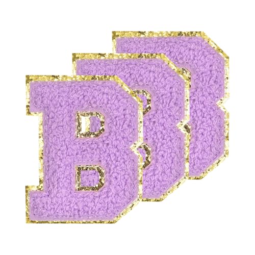 PATIKIL Buchstaben zum Aufbügeln Aufnäher 3,3 Zoll, 3 Stück Aufbügel Patches Goldrand Bestickte Sticker Bügelflicken für Kleidung DIY Rucksäcke Hüte Dekoration, Lila Buchstabe-B von PATIKIL