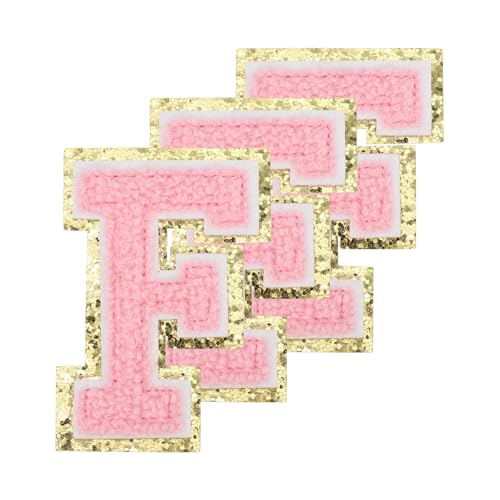 PATIKIL Buchstaben zum Aufbügeln Aufnäher 3,3 Zoll, 3 Stück Aufbügel Patches Goldrand Bestickte Sticker Bügelflicken für Kleidung DIY Rucksäcke Hüte Dekoration, Pink Buchstabe-F von PATIKIL