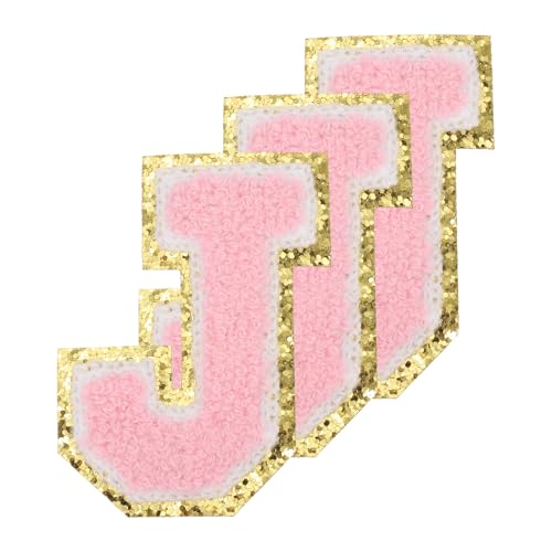 PATIKIL Buchstaben zum Aufbügeln Aufnäher 3,3 Zoll, 3 Stück Aufbügel Patches Goldrand Bestickte Sticker Bügelflicken für Kleidung DIY Rucksäcke Hüte Dekoration, Pink Buchstabe-J von PATIKIL