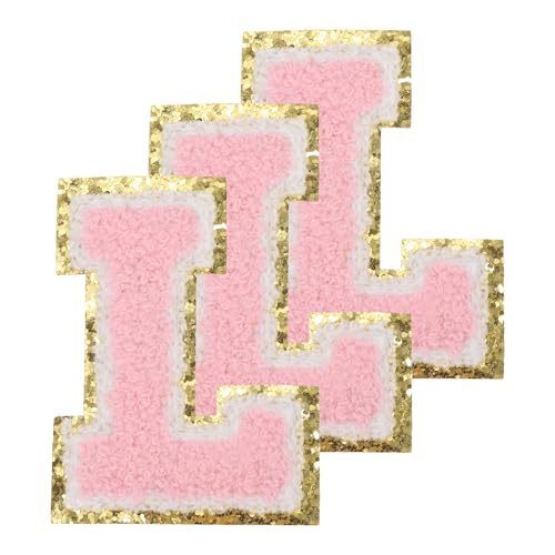 PATIKIL Buchstaben zum Aufbügeln Aufnäher 3,3 Zoll, 3 Stück Aufbügel Patches Goldrand Bestickte Sticker Bügelflicken für Kleidung DIY Rucksäcke Hüte Dekoration, Pink Buchstabe-L von PATIKIL