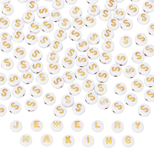 PATIKIL Buchstabenperlen, 100 Stück Goldbuchstabenperlen aus Acryl für Bastelarbeiten Freundschaftsarmbänder Schmuckherstellung, 4x7mm, Buchstabe S von PATIKIL