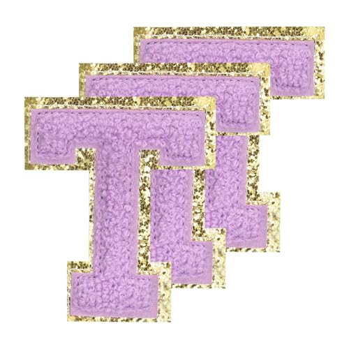 PATIKIL Chenille Aufnäher Buchstaben 3,3 Zoll, 3er Pack Selbstklebende Chenille Aufnäher Goldrand Bestickte Sticker für Kleidung DIY Rucksäcke Hüte Dekoration, Lila Buchstabe-T von PATIKIL