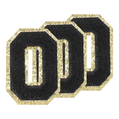 PATIKIL Chenille Aufnäher Buchstaben 3,3 Zoll, 3er Pack Selbstklebende Chenille Aufnäher Goldrand Bestickte Sticker für Kleidung DIY Rucksäcke Hüte Dekoration, Schwarzer Buchstabe-O von PATIKIL