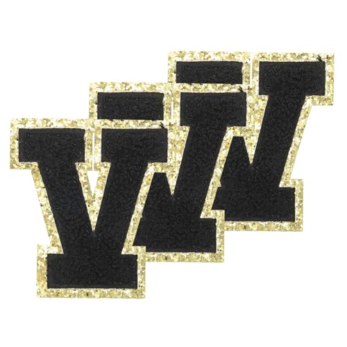 PATIKIL Chenille Aufnäher Buchstaben 3,3 Zoll, 3er Pack Selbstklebende Chenille Aufnäher Goldrand Bestickte Sticker für Kleidung DIY Rucksäcke Hüte Dekoration, Schwarzer Buchstabe-V von PATIKIL