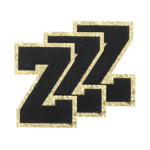 PATIKIL Chenille Aufnäher Buchstaben 3,3 Zoll, 3er Pack Selbstklebende Chenille Aufnäher Goldrand Bestickte Sticker für Kleidung DIY Rucksäcke Hüte Dekoration, Schwarzer Buchstabe-Z von PATIKIL