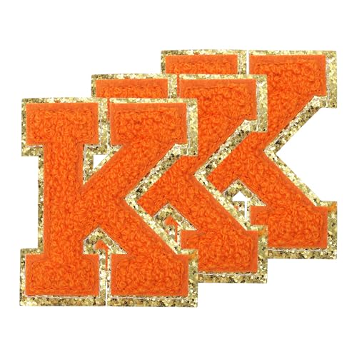 PATIKIL Chenille Aufnäher Buchstaben 3,3 Zoll, 3er Pack Selbstklebende Chenille Aufnäher mit Goldrand Bestickte Sticker für Kleidung DIY Rucksäcke Hüte Dekoration, Gelber Buchstabe-K von PATIKIL