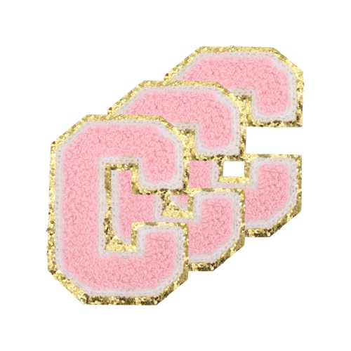 PATIKIL Chenille Aufnäher Buchstaben 3,3 Zoll, 3er Pack Selbstklebende Chenille Aufnäher mit Goldrand Bestickte Sticker für Kleidung DIY Rucksäcke Hüte Dekoration, Pinker Buchstabe-C von PATIKIL