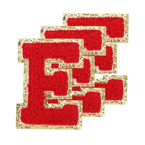 PATIKIL Chenille Aufnäher Buchstaben 3,3 Zoll, 3er Pack Selbstklebende Chenille Aufnäher mit Goldrand Bestickte Sticker für Kleidung DIY Rucksäcke Hüte Dekoration, Roter Buchstabe-E von PATIKIL