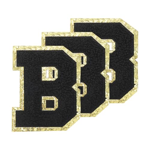 PATIKIL Chenille Aufnäher Buchstaben 3,3 Zoll, 3er Pack Selbstklebende Chenille Aufnäher mit Goldrand Bestickte Sticker für Kleidung DIY Rucksäcke Hüte Dekoration, Schwarzer Buchstabe-B von PATIKIL