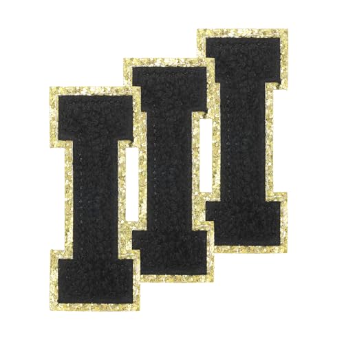 PATIKIL Chenille Aufnäher Buchstaben 3,3 Zoll, 3er Pack Selbstklebende Chenille Aufnäher mit Goldrand Bestickte Sticker für Kleidung DIY Rucksäcke Hüte Dekoration, Schwarzer Buchstabe-I von PATIKIL