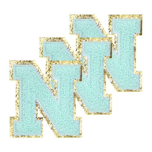 PATIKIL Chenille Aufnäher Buchstaben 3,3 Zoll, 3er Pack Selbstklebende Chenille Aufnäher mit goldenem Rand Bestickte Sticker für Kleidung DIY Hüte Dekoration, Dunkelblauer Buchstabe-N von PATIKIL