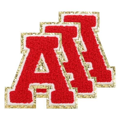 PATIKIL Chenille Aufnäher Buchstaben 3,3 Zoll, 3er Pack Selbstklebende Chenille Aufnäher mit goldenem Rand Bestickte Sticker für Kleidung DIY Rucksäcke Hüte Dekoration, Roter Buchstabe-A von PATIKIL