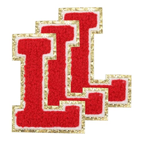 PATIKIL Chenille Aufnäher Buchstaben 3,3 Zoll, 3er Pack Selbstklebende Chenille Aufnäher mit goldenem Rand Bestickte Sticker für Kleidung DIY Rucksäcke Hüte Dekoration, Roter Buchstabe-L von PATIKIL