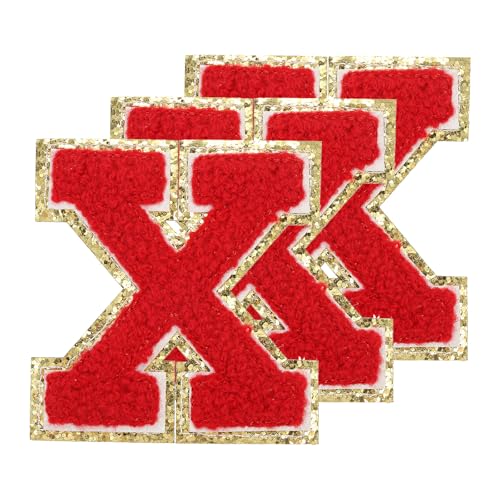 PATIKIL Chenille Aufnäher Buchstaben 3,3 Zoll, 3er Pack Selbstklebende Chenille Aufnäher mit goldenem Rand Bestickte Sticker für Kleidung DIY Rucksäcke Hüte Dekoration, Roter Buchstabe-X von PATIKIL