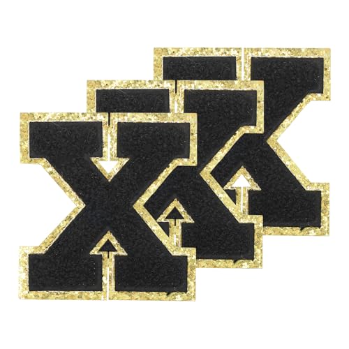 PATIKIL Chenille Aufnäher Buchstaben 3,3 Zoll, 3er Pack Selbstklebende Chenille Aufnäher mit goldenem Rand Bestickte Sticker für Kleidung Rucksäcke Hüte Dekoration, Schwarzer Buchstabe-X von PATIKIL