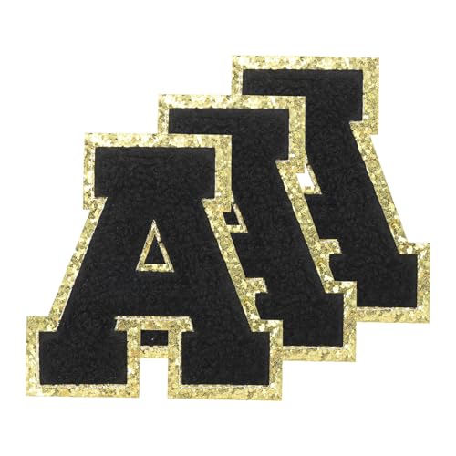 PATIKIL Chenille Aufnäher Buchstaben Patches 3,3 Zoll, 3er Pack Selbstklebende Chenille Patches mit Goldrand Bestickte Sticker für Kleidung Rucksäcke Hüte Dekoration, Schwarzer Buchstabe-A von PATIKIL