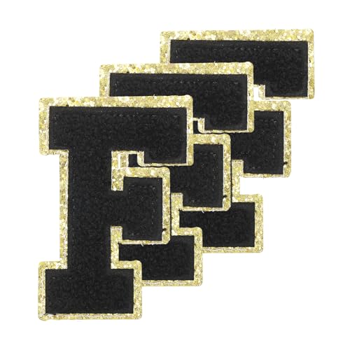 PATIKIL Chenille Aufnäher Buchstaben Patches 3,3 Zoll, 3er Pack Selbstklebende Chenille Patches mit Goldrand Bestickte Sticker für Kleidung Rucksäcke Hüte Dekoration, Schwarzer Buchstabe-F PATIKIL Chenille Aufnäher Buchstaben Patches 3,3 Zoll, 3er Pack Selbstklebende Chenille Patches mit Goldrand Bestickte Sticker für Kleidung Rucksäcke Hüte Dekoration, Schwarzer Buchstabe-F von PATIKIL