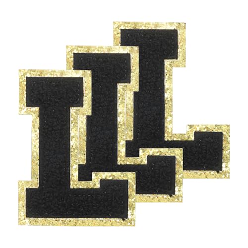 PATIKIL Chenille Aufnäher Buchstaben Patches 3,3 Zoll, 3er Pack Selbstklebende Chenille Patches mit Goldrand Bestickte Sticker für Kleidung Rucksäcke Hüte Dekoration, Schwarzer Buchstabe-L von PATIKIL