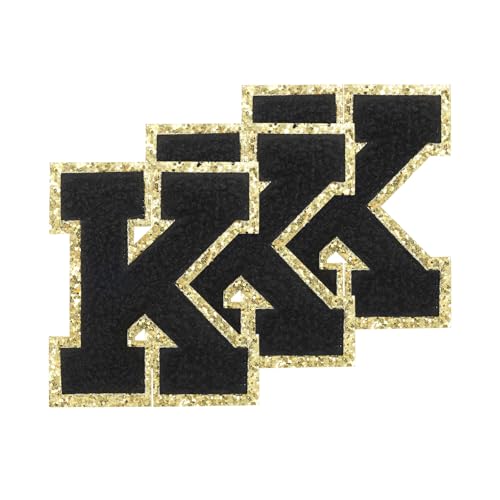 PATIKIL Chenille Aufnäher Buchstaben Patches 3,3 Zoll, 3er Pack Selbstklebende Chenille Patches mit Goldrand Bestickte Sticker für Kleidung Rucksäcke Hüte Dekoration, Schwarzes Buchstabe-K von PATIKIL