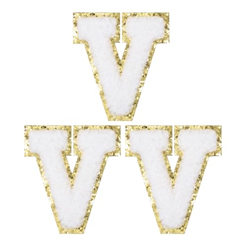 PATIKIL Chenille Bügelbuchstaben Patches, 3er-Pack Buchstaben Aufbügeln, Bügel Buchstaben gesticktes Patch zum Reparieren von Jeans, Kleidung, Taschen, Handwerk, Weiß, Alphabet V von PATIKIL