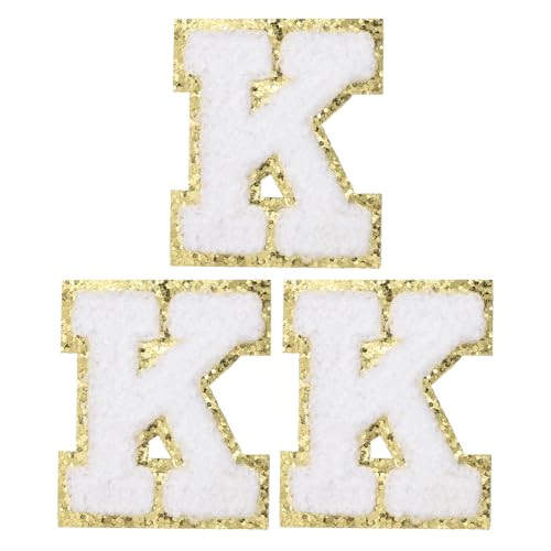 PATIKIL Chenille Bügelbuchstaben Patches, 3er-Pack Buchstaben Aufbügeln, Bügel Buchstaben gesticktes Patch zum Reparieren von Jeans, Kleidung, Taschen, Handwerk, Weiß, Buchstabe K von PATIKIL