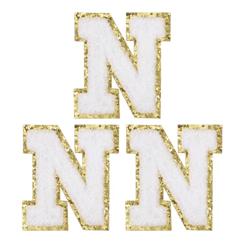PATIKIL Chenille Bügelbuchstaben Patches, 3er-Pack Buchstaben Aufbügeln, Bügel Buchstaben gesticktes Patch zum Reparieren von Jeans, Kleidung, Taschen, Handwerk, Weiß, Buchstabe N von PATIKIL