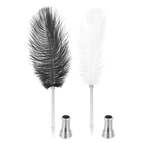 PATIKIL Feder Kugelschreiber, 2 Stück 0.5mm Vintage Kalligraphie Stifte mit Feder zum Schreiben Büro, Straußenfeder Stift mit 2 Stück Ständerhalter für Hochzeit Unterschrift, Schwarz&Weiß von PATIKIL
