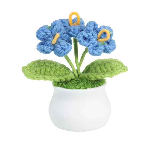PATIKIL Häkelblumen, handgefertigte Strickblumen mit 3 Köpfen Vergissmeinnicht, künstliche gewebte kleine Topfpflanze mit Stielen für Valentinstagsgeschenke, Büro und Party, Blau von PATIKIL