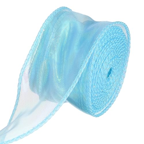 PATIKIL Irideszierendes Organza-Band 1,6 Zoll x 10 Yard, Laser Sheer Organza Verdrahtetes Band Schimmer Fishtail Stoffbänder für Geschenk Blumenstrauß Verpackung Präsent Dekorativ, Blau von PATIKIL